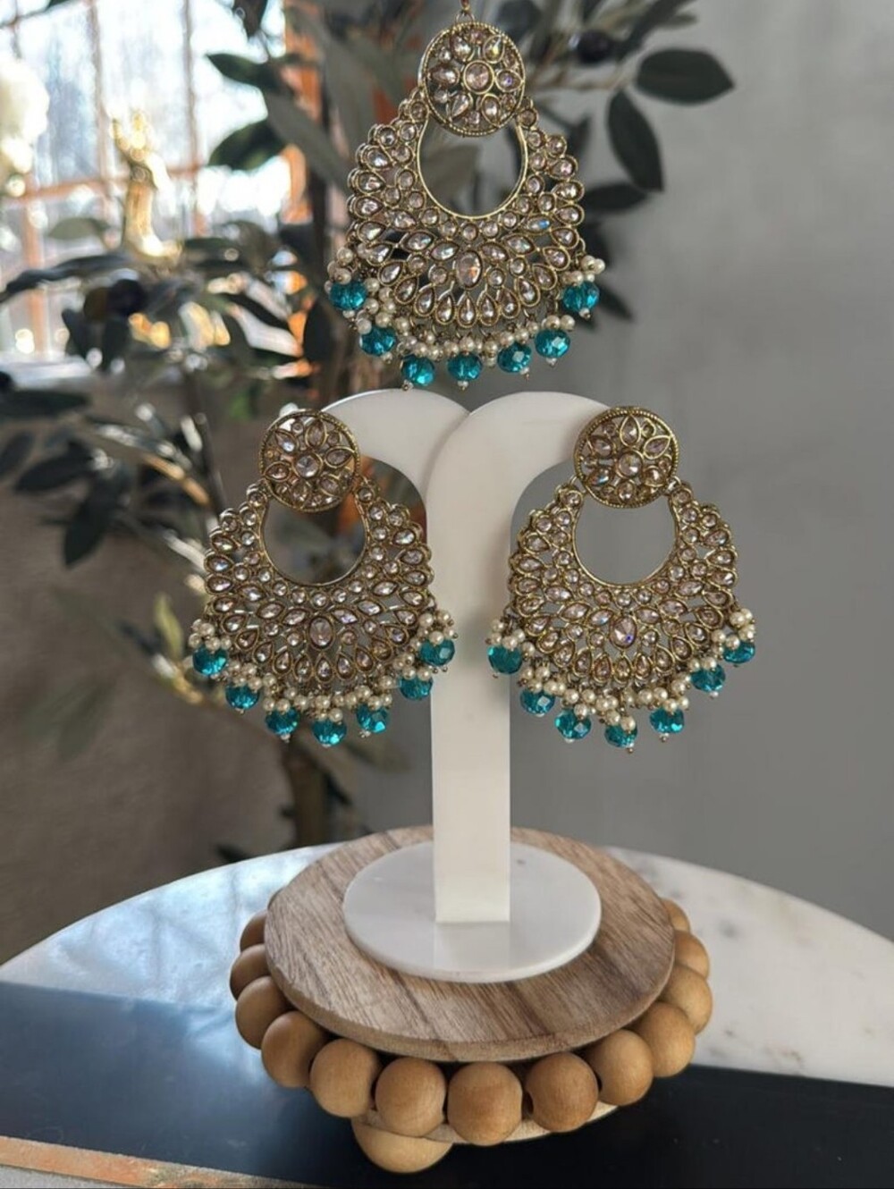Gold-Tone Kundan Chandbali Earrings & Tikka, Teal/Peacock/Rama Green Blue Beads